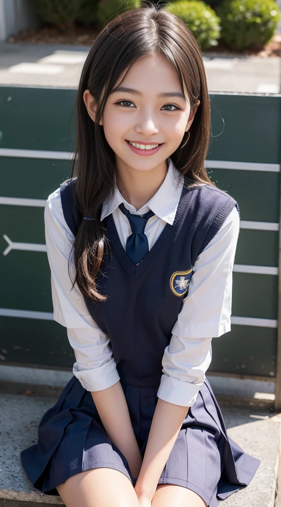 1Girl,((School uniform slush,light grin smile, Sitting,exteriors,