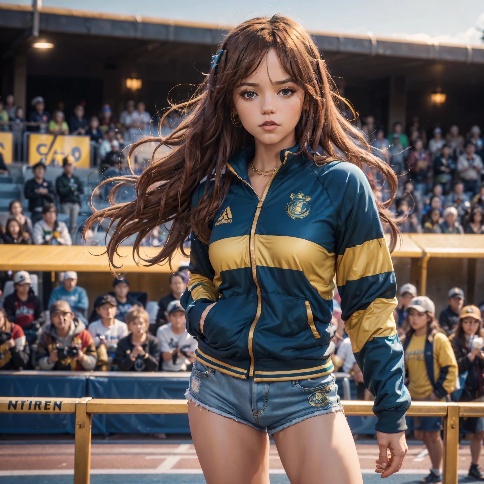 (best quality,4k,8k,highres,masterpiece:1.2),ultra-detailed, 1girl, Celtic Goddess Epona as a college student, jennao, Chestnut Brown hair, Hazel eyes, wearing blue track top with gold sleeves and blue thigh length track shorts with gold stripes, competing at a track meet, HDR, 8k, absurdres, cinestill 800, sharp focus