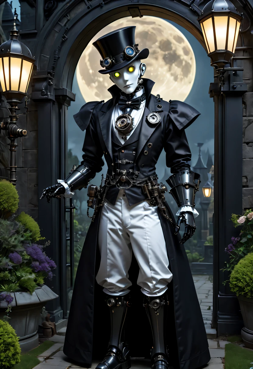 Full moon night,Robot butler at the entrance to the vampire castle garden,Detailed mechanical parts, Butler outfit, Cybernetic eyes,Victorian style, steampunc, Mechanical face,Mechanical joint,detailed detail, ambientlighting,training maid
