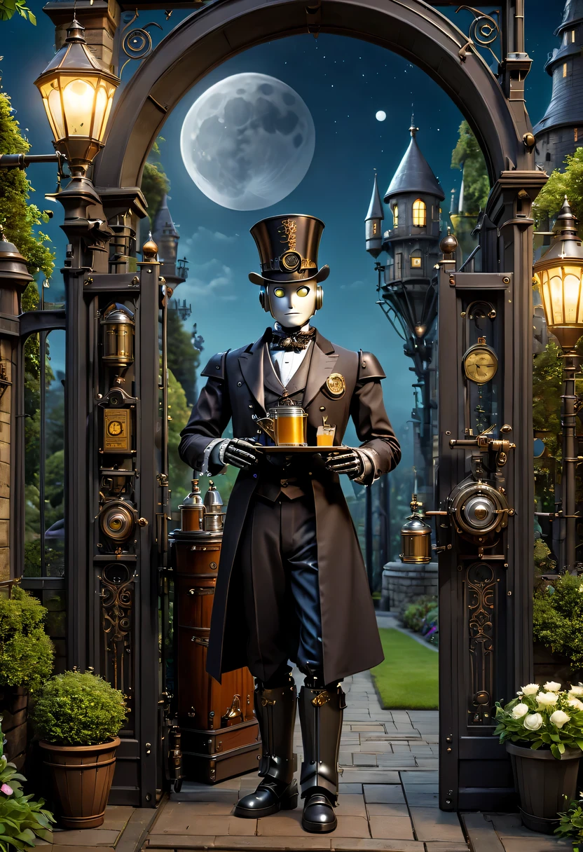 Full moon night，Robot butler at the gate of the castle garden，Detailed mechanical parts, Lift the drink tray, Butler outfit, Victorian style, steampunc,  Detailed details, ambientlighting
