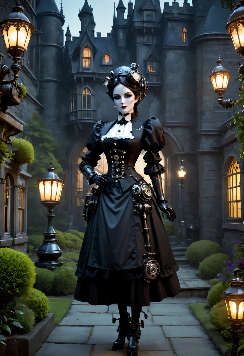 Full moon night,Robot butler at the entrance to the vampire castle garden,Detailed mechanical parts, Butler outfit, Cybernetic eyes,Victorian style, steampunc, Mechanical joint,Detailed details, ambientlighting,training maid