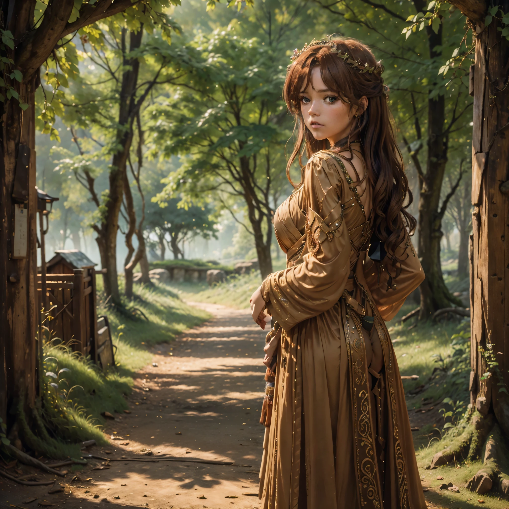 (best quality,4k,8k,highres,masterpiece:1.2),ultra-detailed, 1woman, Celtic goddess Epona, jennao, Chestnut brown hair, hazel eyes, druid gown, standing in a barnyard, motherly, posed gently, looking at viewer, seductive eyes, drawn in the style of Yoshitaka Amano, HDR, 8k, absurdres, cinestill 800, sharp focus