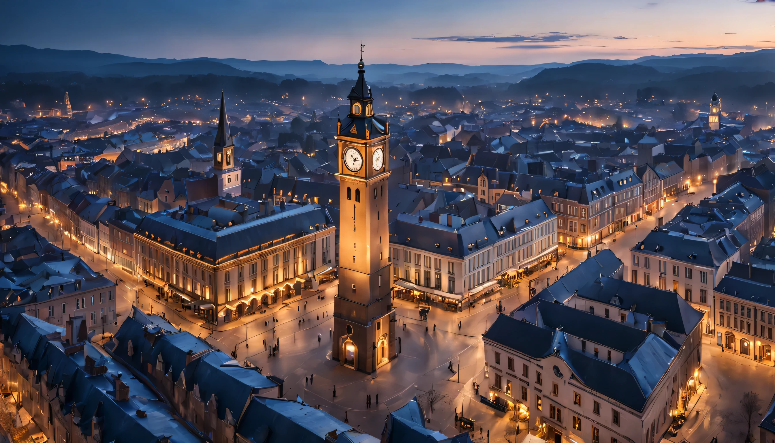 Big city from air with the ancient clocktower stands tall in the town square in middle. details illuminated by the midnight glow.