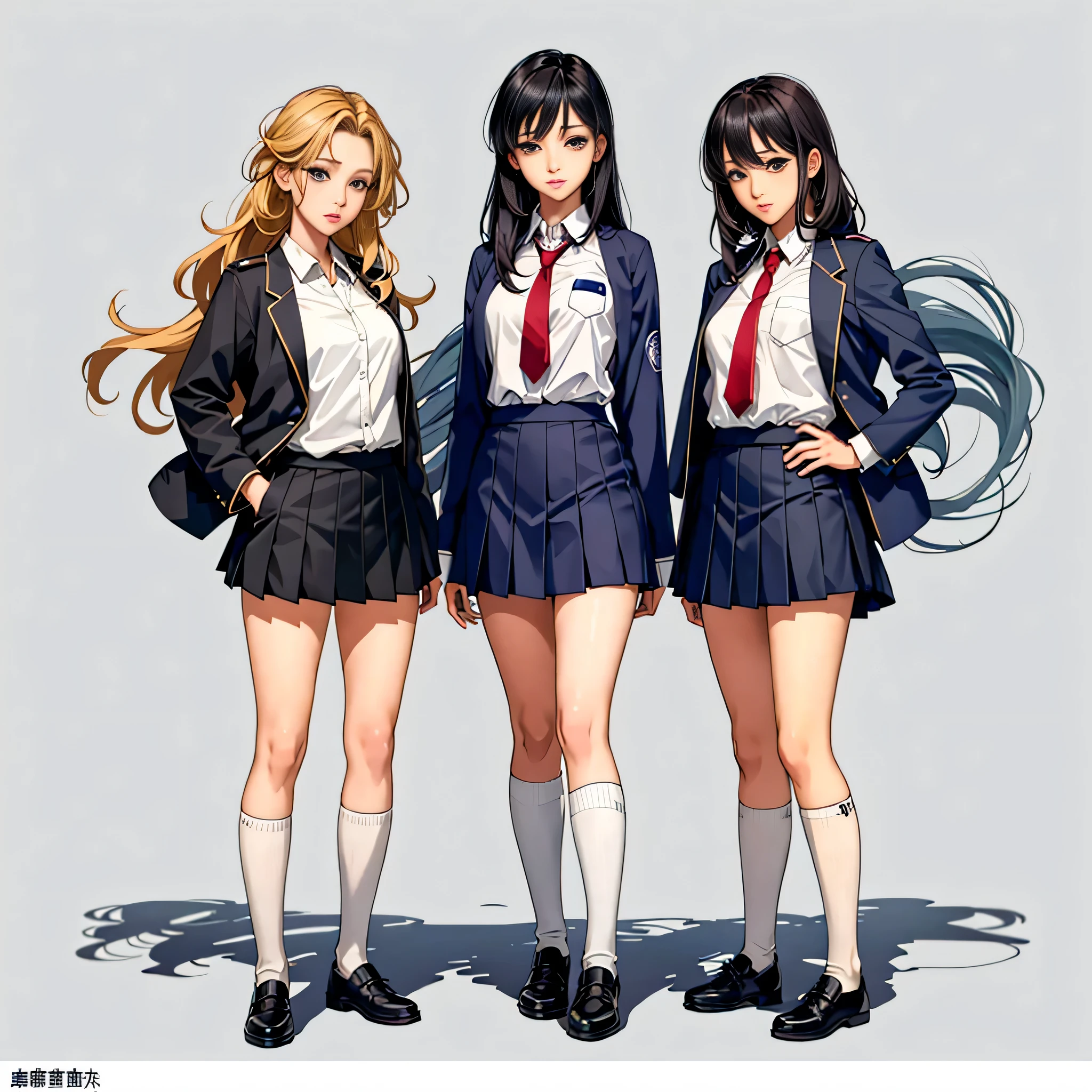 Three Schoolgirls、Anime girl in uniform standing next to another girl in skirt, Anime Girls, beautiful anime high school girl, High School Girls, High quality anime art style, anime full body illustration, Style Anime, Ecchi anime style, Wearing school uniform, detailed art style、A detailed face、Full Makeup Face、Detailed clothing、