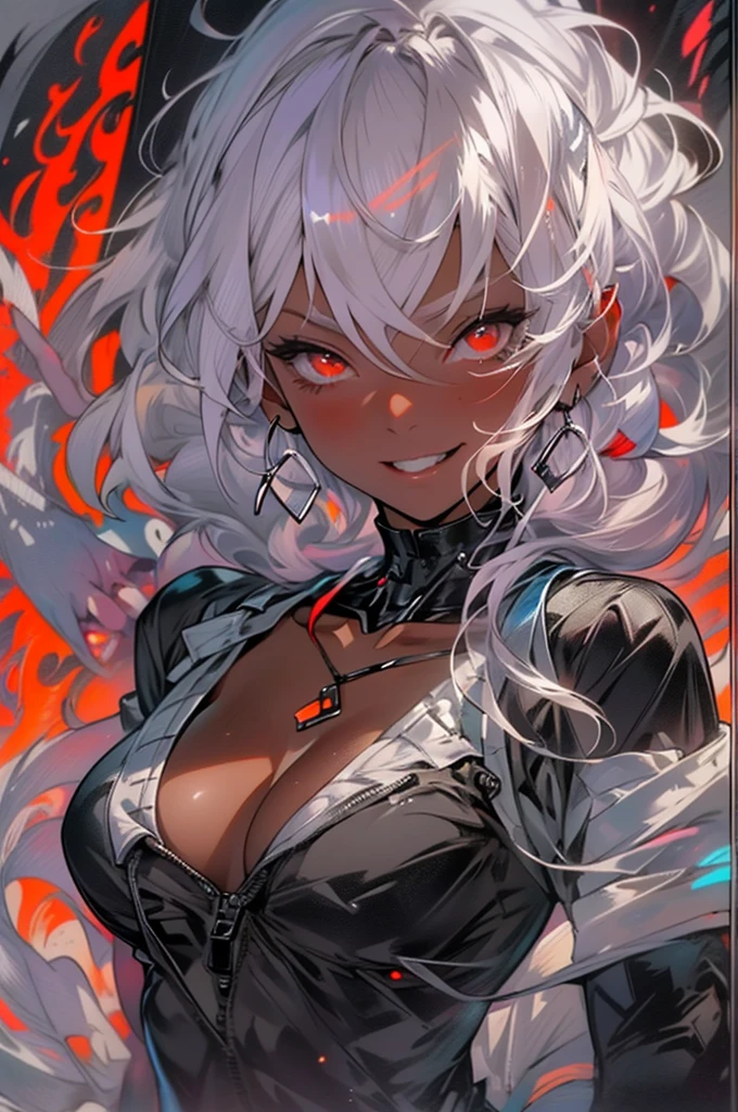 1girl, dark skin, large breasts, solo,  long hair, navel, (red eyes), choker, evil grin, jewelry, looking at viewer, earrings, open clothes, white hair, cleavage, evil smile, midriff, bare shoulders, collarbone, sleeveless, tanned skin, shiny body, shiny skin, (darkness), light rays, sparkle, dark skin, at midnight, 1girl, Short hair, (((red night))), (glowing red eyes), (((Lustrous skin:1.5,bright skin: 1.5,skin tanned,Shiny skin,very Shiny skin,Shiny body: 1.5,plastic glitter skin,exaggerated Shiny skin))), Detailed background:1.25), (Best Quality),(High resolution),(Sharp Focus),(ultra-detailliert),(Extremely detailed),(Very high quality artwork),8K_Wallpaper,(Extremely detailed CG 8K),(非常に細かい8K CG),((hyper super ultra-detailliert perfect piece)),flawless,(((masutepiece))),Illustration,Vibrant colors,(Convoluted),High contrast,Selective lighting,double exposure,nffsw (High dynamic range),Post-processing, ((extremely sexy and beautiful white hair )), ((delicate detailed fingers,Detailed body,detailed arms,Human Hands,Detailed hand)), (Dynamic Pose:1.5), (((Emerging from the shadows))), ((devil girl)), (((Emerging from the shadows))),