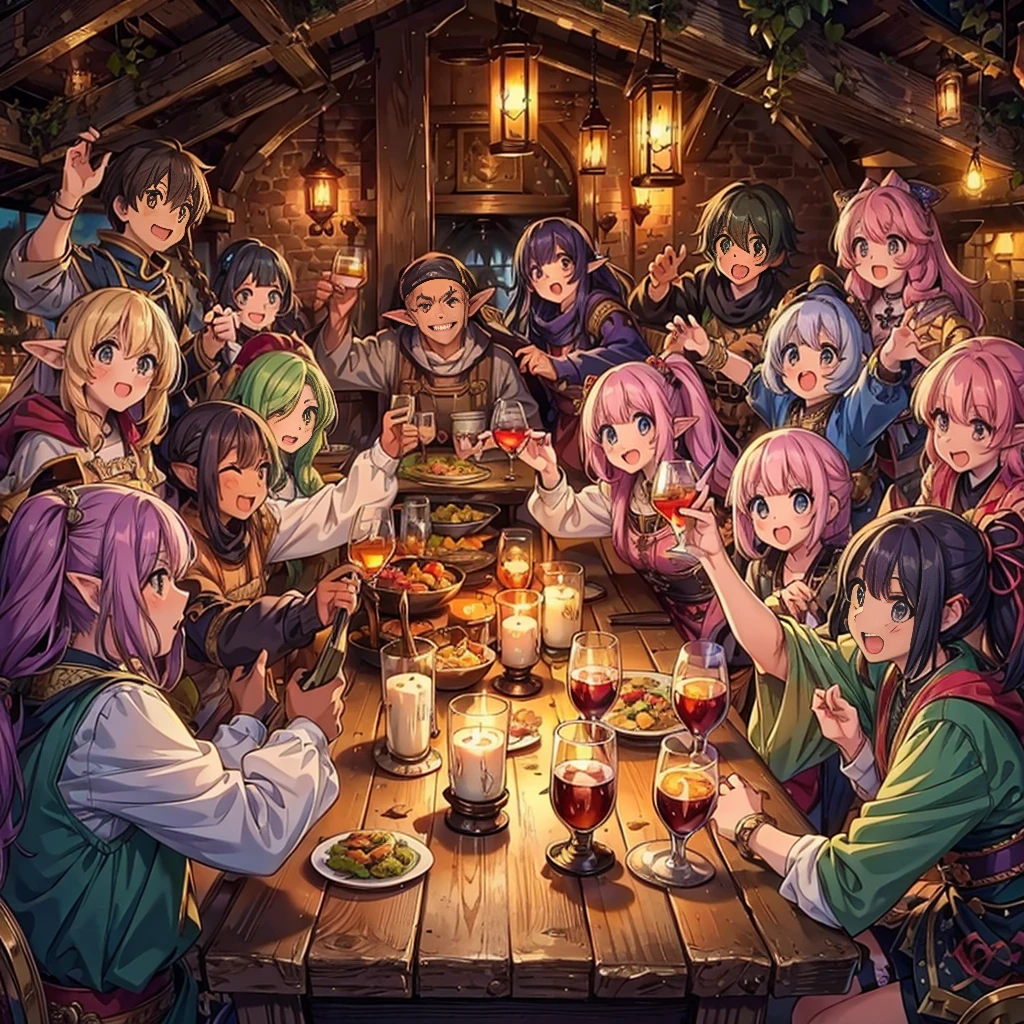 (masterpiece), best quality, ultra detailed, expressive eyes, perfect face,Fantasy art, a dozen people of different races toasting together in a medieval pub at night, Cheers with alcohol,reveling, happy, ecstasy, (exaggerated expressions:1.3), (exaggerated movements:1.5),Human,Elf,Dwarf,kemomimi, warrior, ranger, mage, archer, ninja, samurai, black hair, yellow hair, red hair, pink hair,purple hair, short hair, long hair, ponytail, twintails, (Lots of dishes on table:1.2) , (Large_meals on table:1.2), vivid color