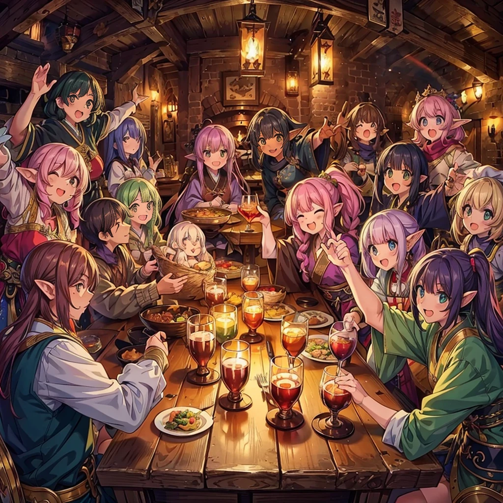 (masterpiece), best quality, ultra detailed, expressive eyes, perfect face,Fantasy art, a dozen people of different races toasting together in a medieval pub at night, Cheers with alcohol,reveling, happy, ecstasy, (exaggerated expressions:1.3), (exaggerated movements:1.5),Human,Elf,Dwarf,kemomimi, warrior, ranger, mage, archer, ninja, samurai, black hair, yellow hair, red hair, pink hair,purple hair, short hair, long hair, ponytail, twintails, (Lots of dishes on table:1.2) , (Large_meals on table:1.2), vivid color