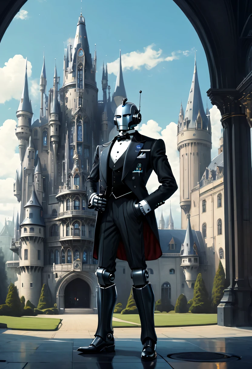 Robot butler in tuxedo,In the background is a huge high-tech mobile Gothic castle，a space station,Middle Century style building，The robot wears a tuxedo,Elegant，Victorian style,