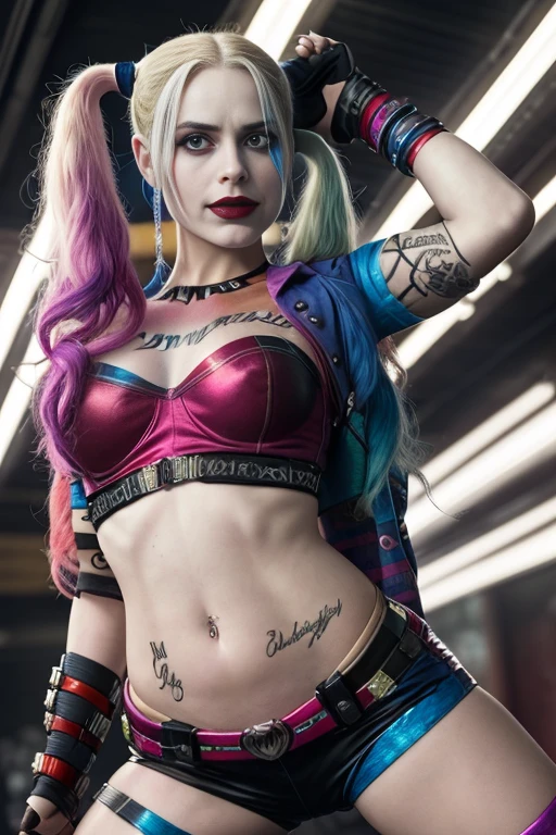 Harley Quinn in Suicide Squad, full body, soft lighting, dynamic angle, realistic lighting, photo by Robert Adams, (natural skin texture, hyperrealism, soft light, sharp: 1.2), (intricate details: 1.12), hdr masterpiece, best quality, (highly detailed photo: 1.1), 8k, photorealistic, (SFW)