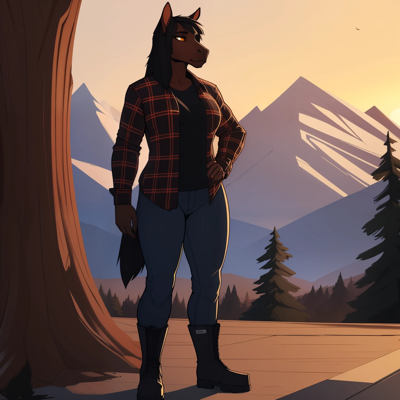 Tall_muscular_horse female solo black_hair dark_brown_furry_body amber_eyes Masterpiece best_quality absurdres highly_detailed mountain forest jeans boots flannel_shirt cleanly_drawn_eyes anthro_only by_claweddrip, by_greasymojo, by_underscore-b, by_runawaystride