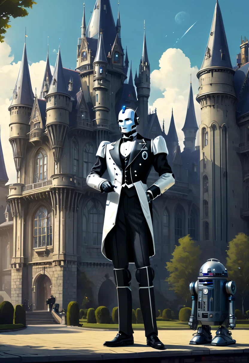 Robot butler in tuxedo,In the background is a huge high-tech mobile Gothic castle，a space station,Middle Century style building，The robot wears a tuxedo,Elegant，Victorian style,