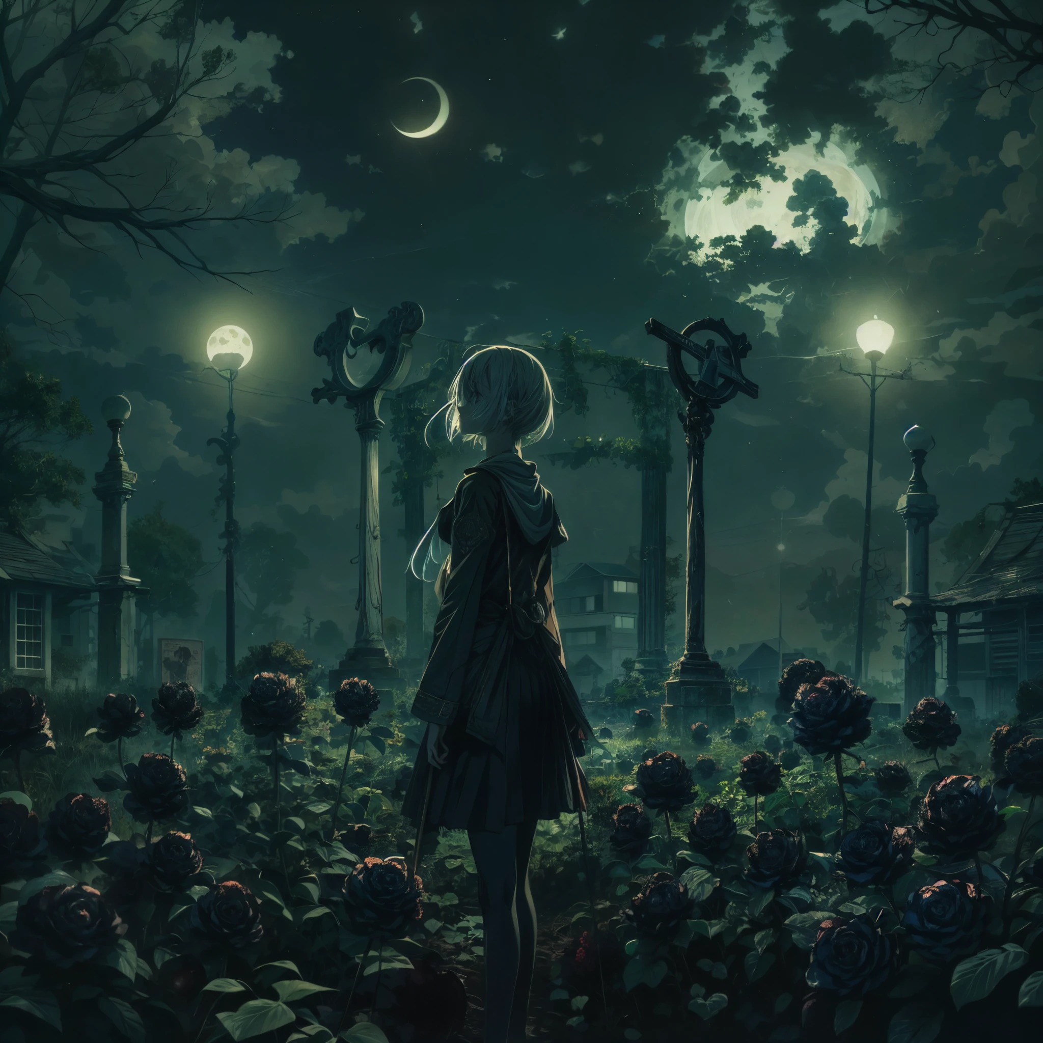 Create an image in the style of Kyle Thompson, featuring an anime-style girl character. She stands in an abandoned park filled with black roses, symbolizing death. The scene is illuminated by moonlight, which adds depth to the image. Use shallow focus to emphasize the girl and the immediate surroundings, while the background softly blurs. In the foreground, include the shadow of a cross, adding a dramatic and symbolic element to the scene. The contrast between the photorealistic Kyle Thompson style setting and the anime-style character should be striking, effectively synthesizing the differences in artistic mediums.