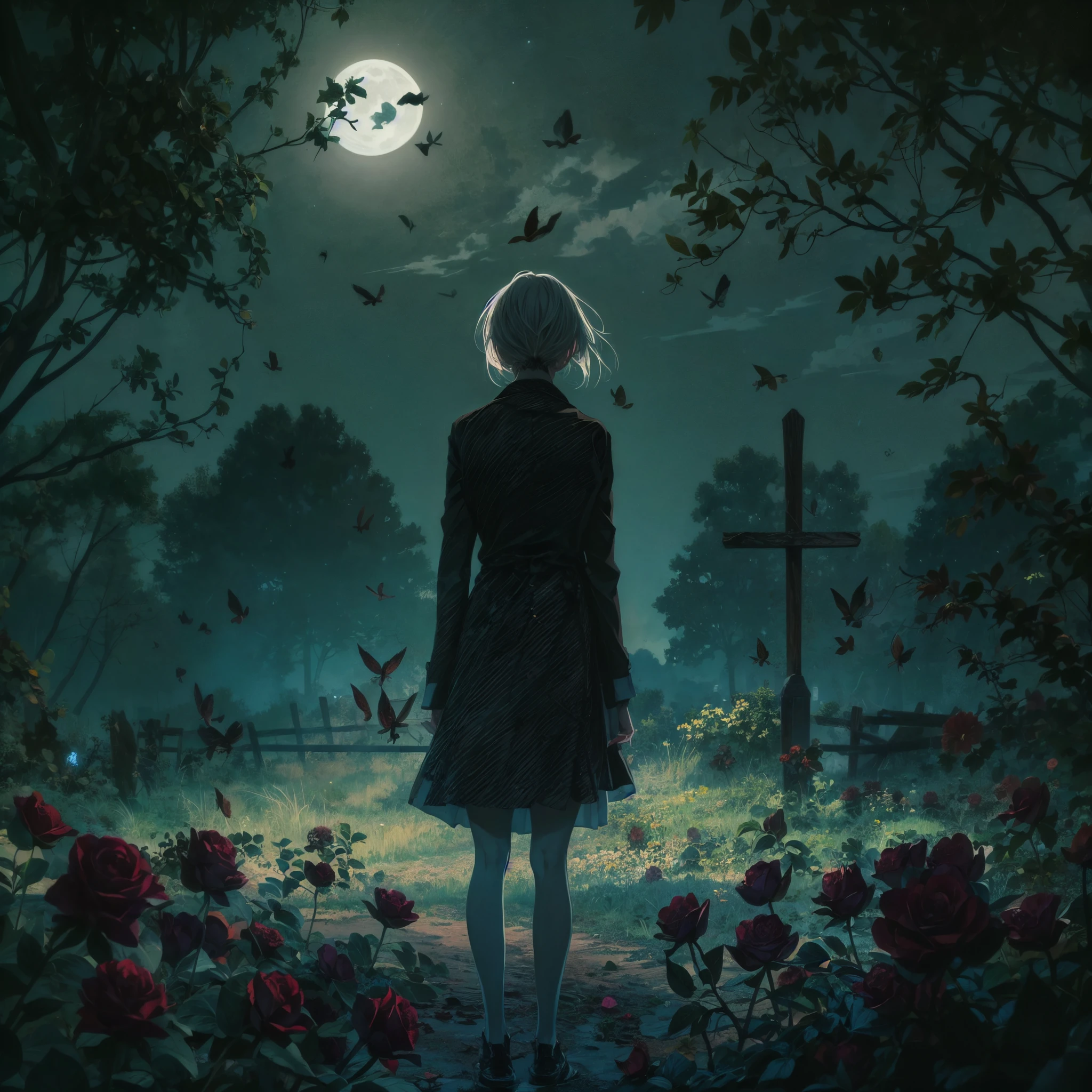 Create an image in the style of Kyle Thompson, featuring an anime-style girl character. She stands in an abandoned park filled with black roses, symbolizing death. The scene is illuminated by moonlight, which adds depth to the image. Use shallow focus to emphasize the girl and the immediate surroundings, while the background softly blurs. In the foreground, include the shadow of a cross, adding a dramatic and symbolic element to the scene. The contrast between the photorealistic Kyle Thompson style setting and the anime-style character should be striking, effectively synthesizing the differences in artistic mediums.