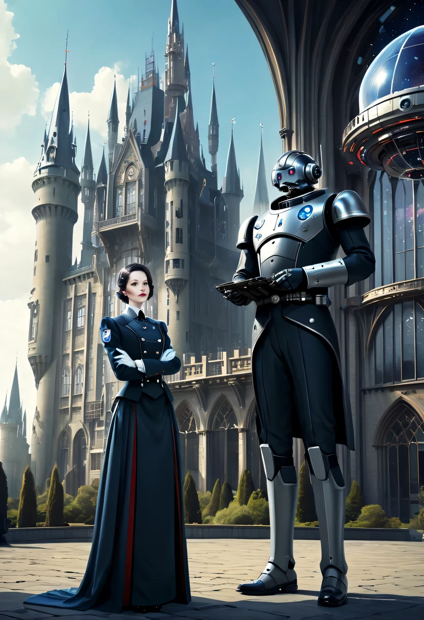 Robot butler in suit,In the background is a huge high-tech mobile Gothic castle，a space station,Middle Century style building，Wear butler uniform,Elegant dress