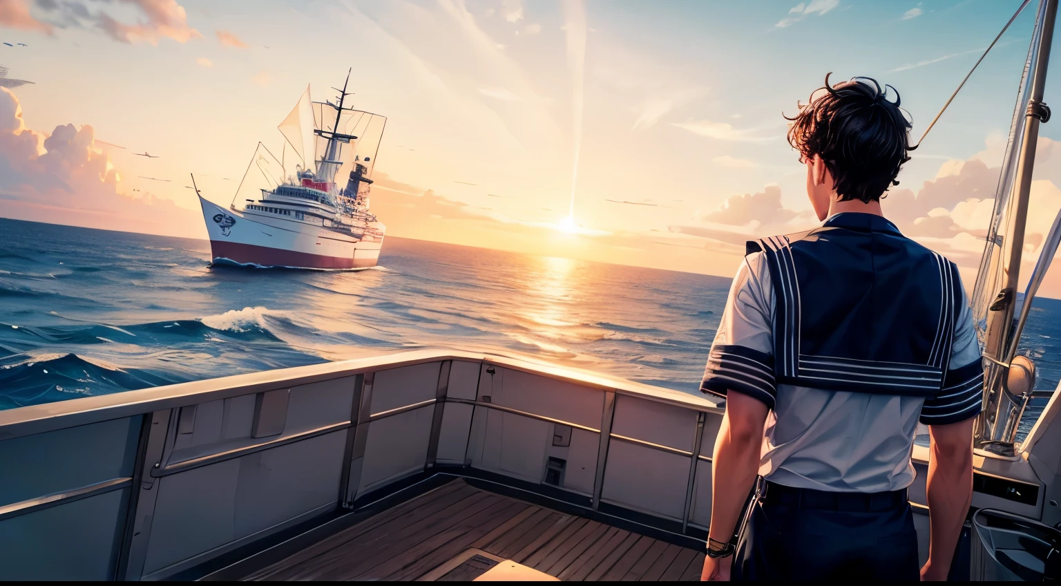 Male sailor looking out at the open ocean from the brow of a ship