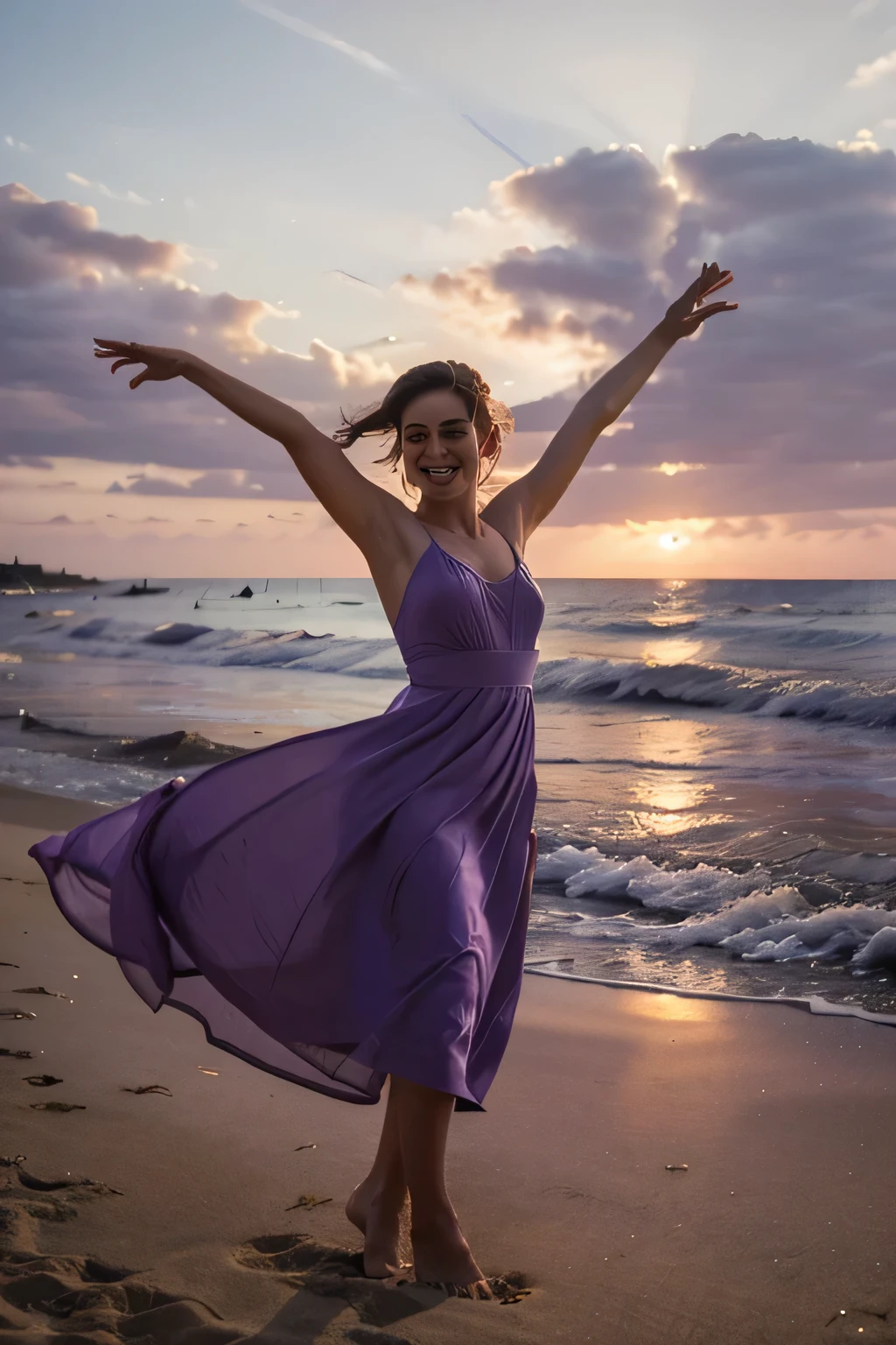 A woman in a lilac dress is dancing at dusk on the beach, with arms outstretched. She has her hands up and appears to be having fun, she has a feeling of freedom.