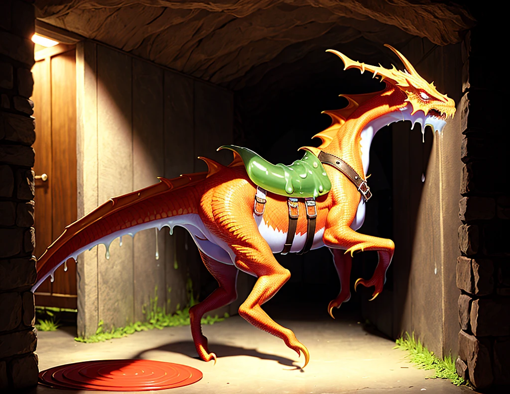 Hd, photorealistic, masterpiece, fantasy, young man struggling to remove the latex rubber goo ooze spreading over his body, morphing into crimson yellow rubber dragon mount, wearing riding saddle, bridle, harness, and plate barding, human latex rubber dragon mount hybridization, inside cavern stable for dragons