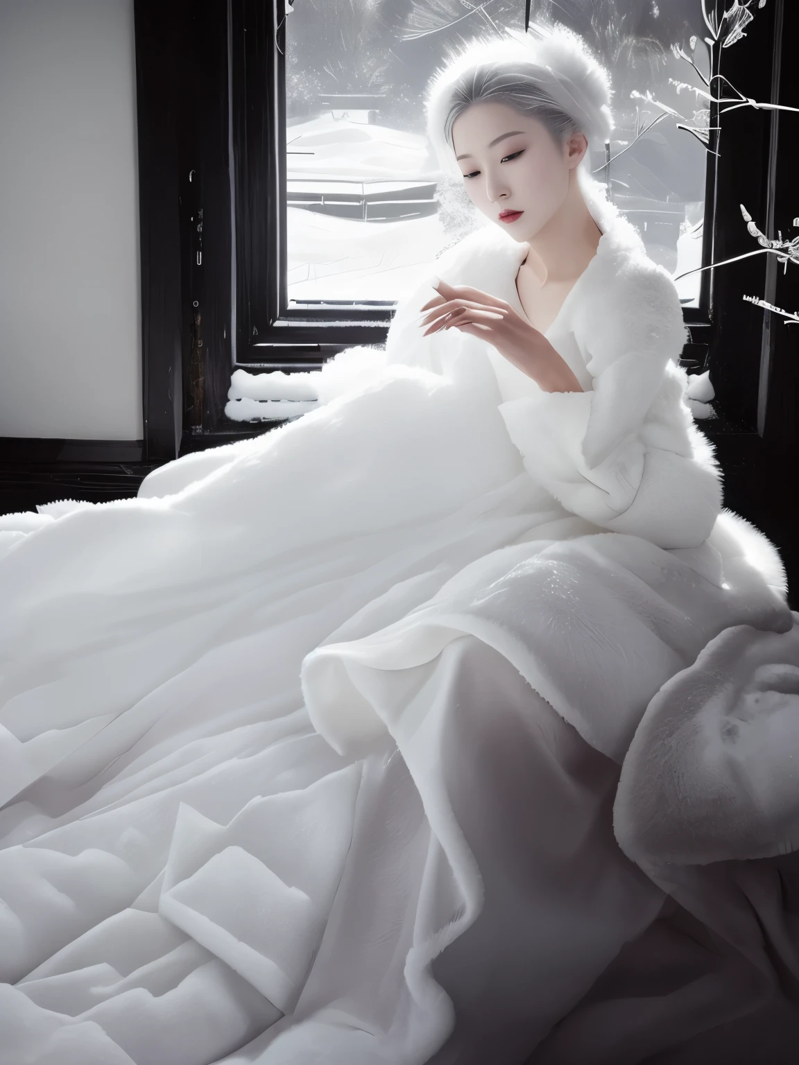 snowy, whimsical  fantasy white outside window, asian model abstract shapes and lines brush strokes, poster art, sexy lips , light and shadow, malcolm liepke style, Convey the atmosphere of admiration and respect from the people below by adding subtle details like pointing fingers or admiring expressions