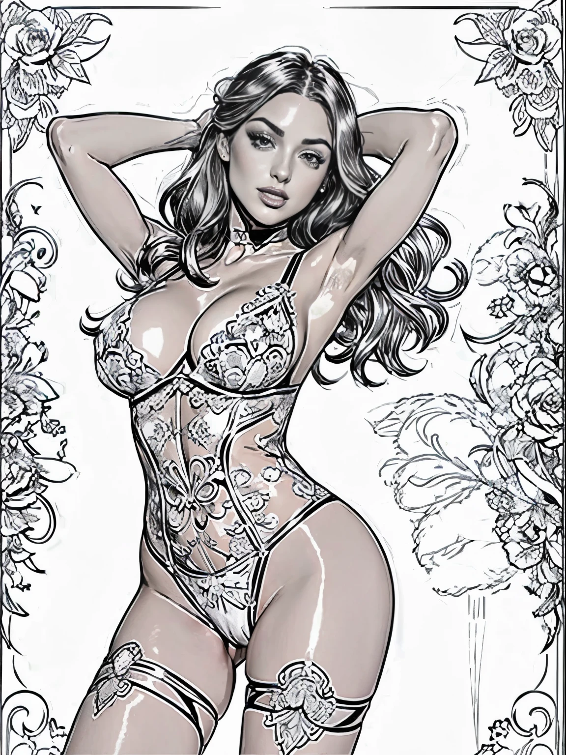 adult colouring book, no detail, outline no colour, fill frame, clipart white background an ultra hot gorgeous european woman, age 23, she&#39;s a men&#39;s magazine model, she&#39;s a playmate. She wears sheer lace lingerie, high detail adult coloring book page thin black lines white background, Milo Manara style