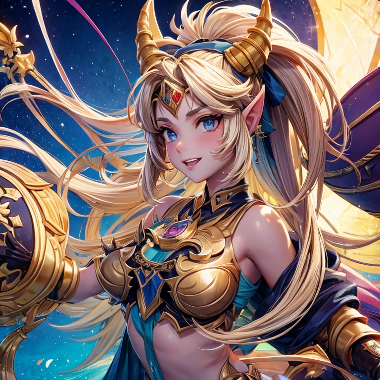 1 mature female, adult tanned women, in a forest with a sparkling night sky, glowing butterflies, {{{blonde hair}}}, {{{golden eyes}}},{{golden lips}}, {{golden shimmering hooded dress}} golden clothes, holding a golden staff with a gold crystal, golden jewellery, small smile, {best quality}, {highres masterpiece.}, 16k {{{medium close up}}}, {facing viewer}