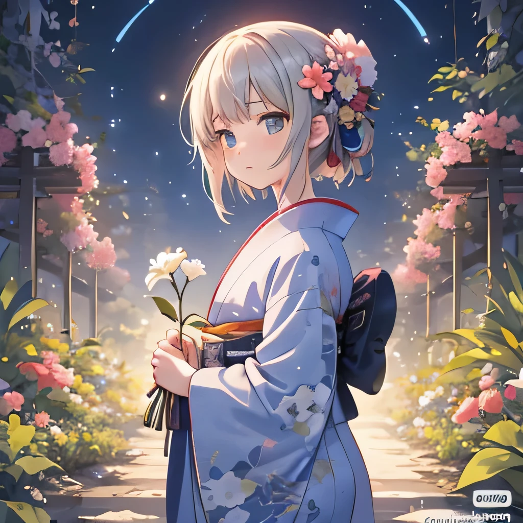 Woman in kimono holding flowers in the garden under the starry sky,express disappointment