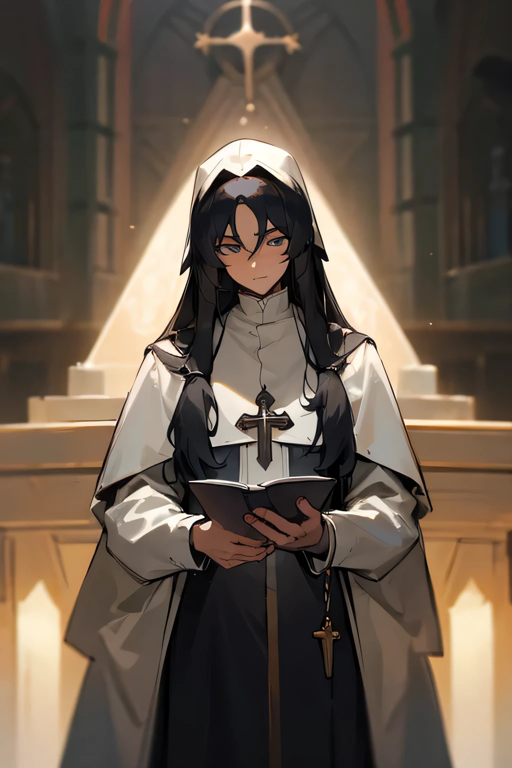 (man, priest, long hair) priest clothing, ultra-detailed,masterpiece:1.2,highres, looking toward