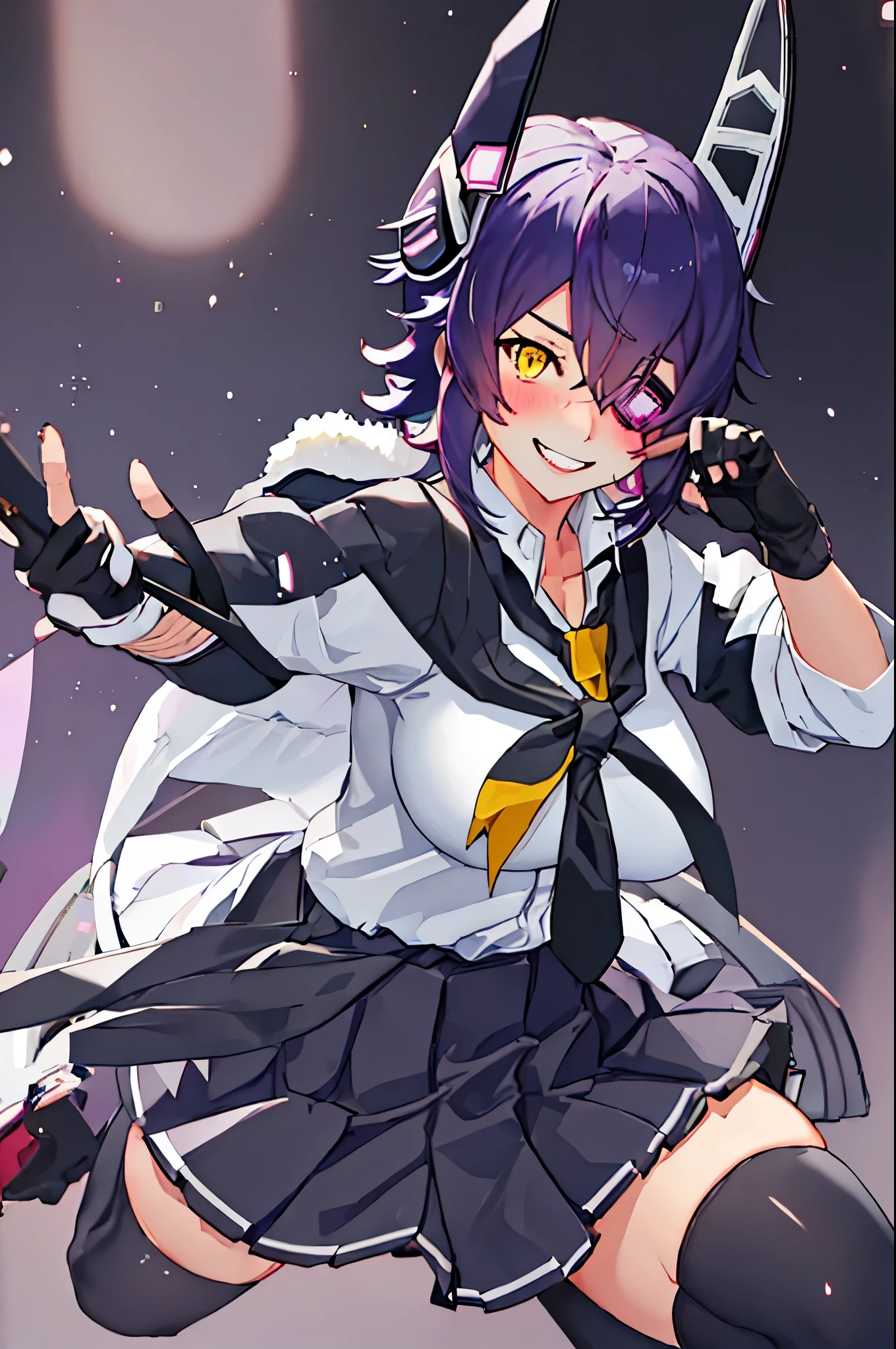 Best Quality, masutepiece, hight resolution, Solo, {Tenryu_Kantai Collection:1.15}, eyep channel, Short_hair, Purple_hair, yellow_Eyes, Headgear, breasts, neck tie, Large_breasts, Smile, 1girl in, blush, fingerless_gloves, gloves, up looking_で_viewer, School_uniform, checkered_neck tie, partially_fingerless_gloves, Skirt