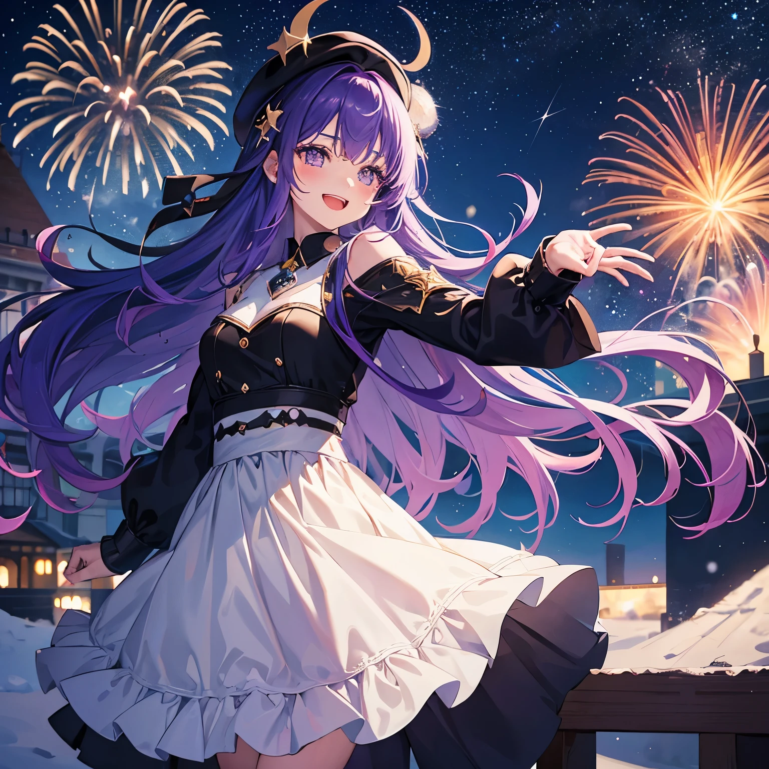 1girl,
:d,
aurora,
bangs,
breasts,
city_lights,
constellation,
crescent_moon,
dress,
eyebrows_visible_through_hair,
fireworks,
hair_between_eyes,
hat,
jewelry,
light_particles,
long_hair,
long_sleeves,
looking_at_viewer,
milky_way,
moon,
moonlight,
night,
night_sky,
open_mouth,
purple_hair,
shooting_star,
skirt,
sky,
smile,
snowing,
solo,
space,
sparkle,
star_(sky),
star_(symbol),
starry_background,
starry_sky,
starry_sky_print,
white_headwear,
window