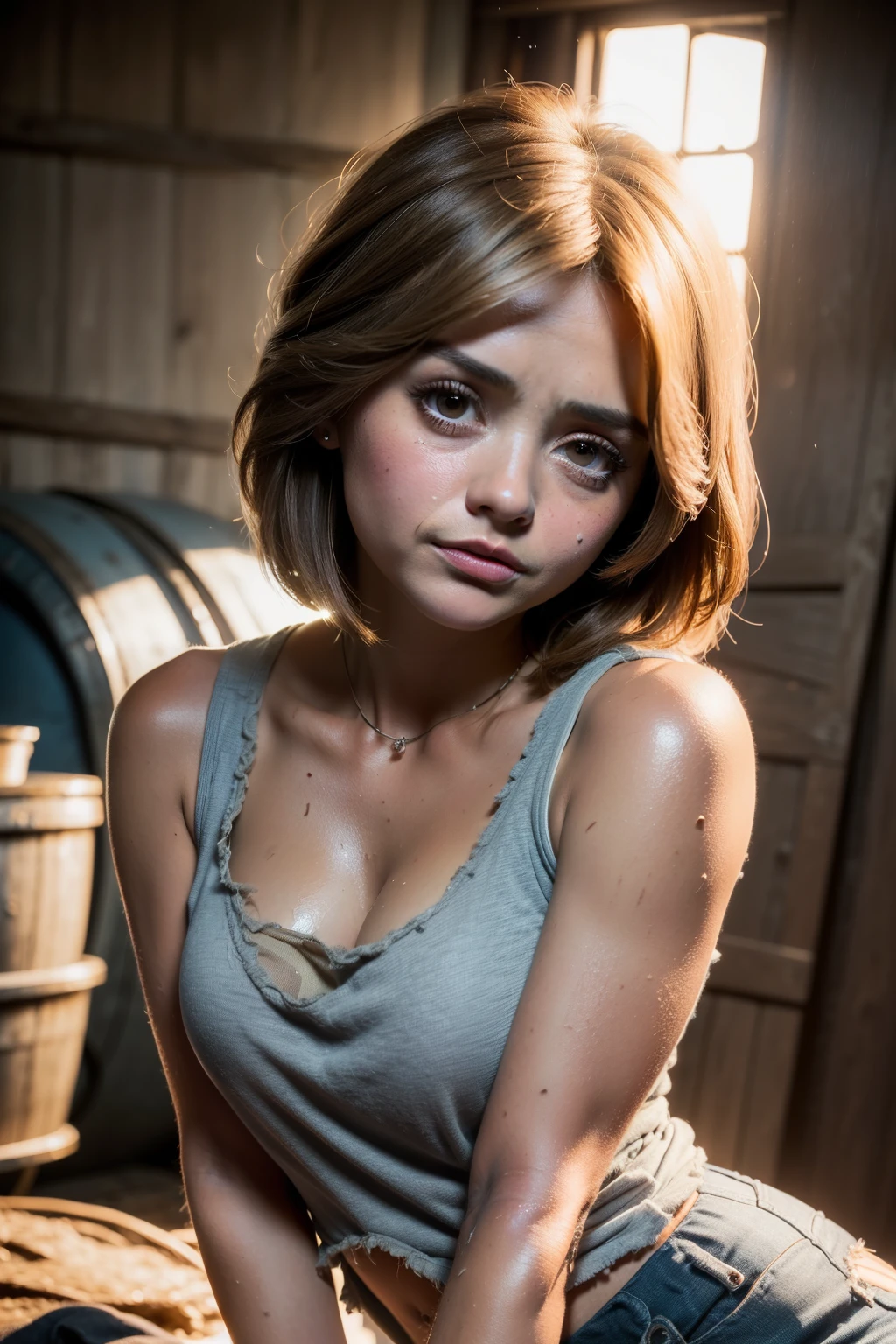 ((Jenna Coleman)), (very slender tall woman), sitting on a bale of hay in a dark barn, ((curious)), (((big eyes))), (((small head)), (medium_breasts:1.6), ((round breasts)), (((crop crop short white shirt)), (white skirt), ((detailed realistic face and eyes)), cinematic lighting, 8K resolution