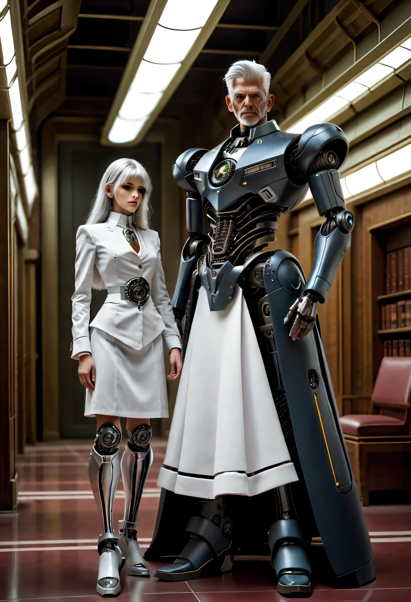 In the stunning halls of science fiction,Silver-haired girl in long skirt and robot butler in butler uniform，Anatomical correct，Detailed mechanical parts,in the style of futuristic,