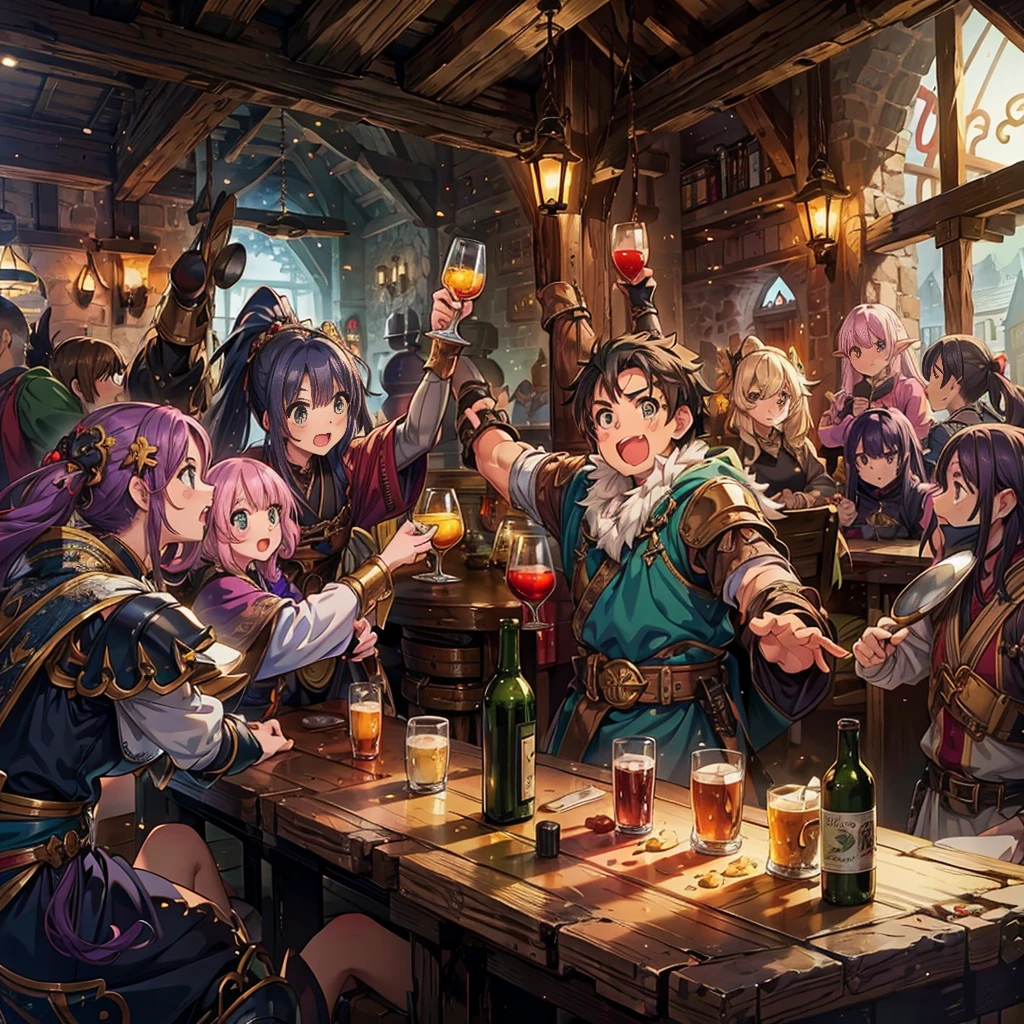 (masterpiece), best quality, ultra detailed, expressive eyes, perfect face,Fantasy art, a dozen people of different races toasting together in a medieval pub at night, Cheers with alcohol,reveling, happy, ecstasy, (exaggerated expressions:1.3), (exaggerated movements:1.5),Human,Elf,Dwarf,kemomimi, warrior, ranger, mage, archer, ninja, samurai, black hair, yellow hair, red hair, pink hair,purple hair, short hair, long hair, ponytail, twintails, (Lots of dishes on table:1.2) , (Large_meals on table:1.2), vivid color