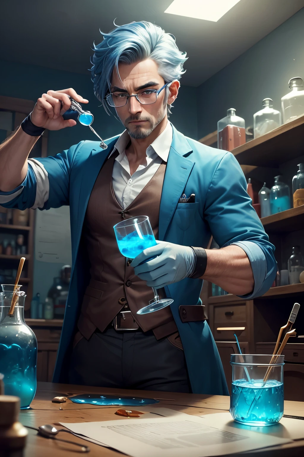 Cartoon style handsome man stirring magic potions in a sick laboratory, using doctors' glasses and gloves to make a blue potion, detalhado e complexo, full hd, 4k