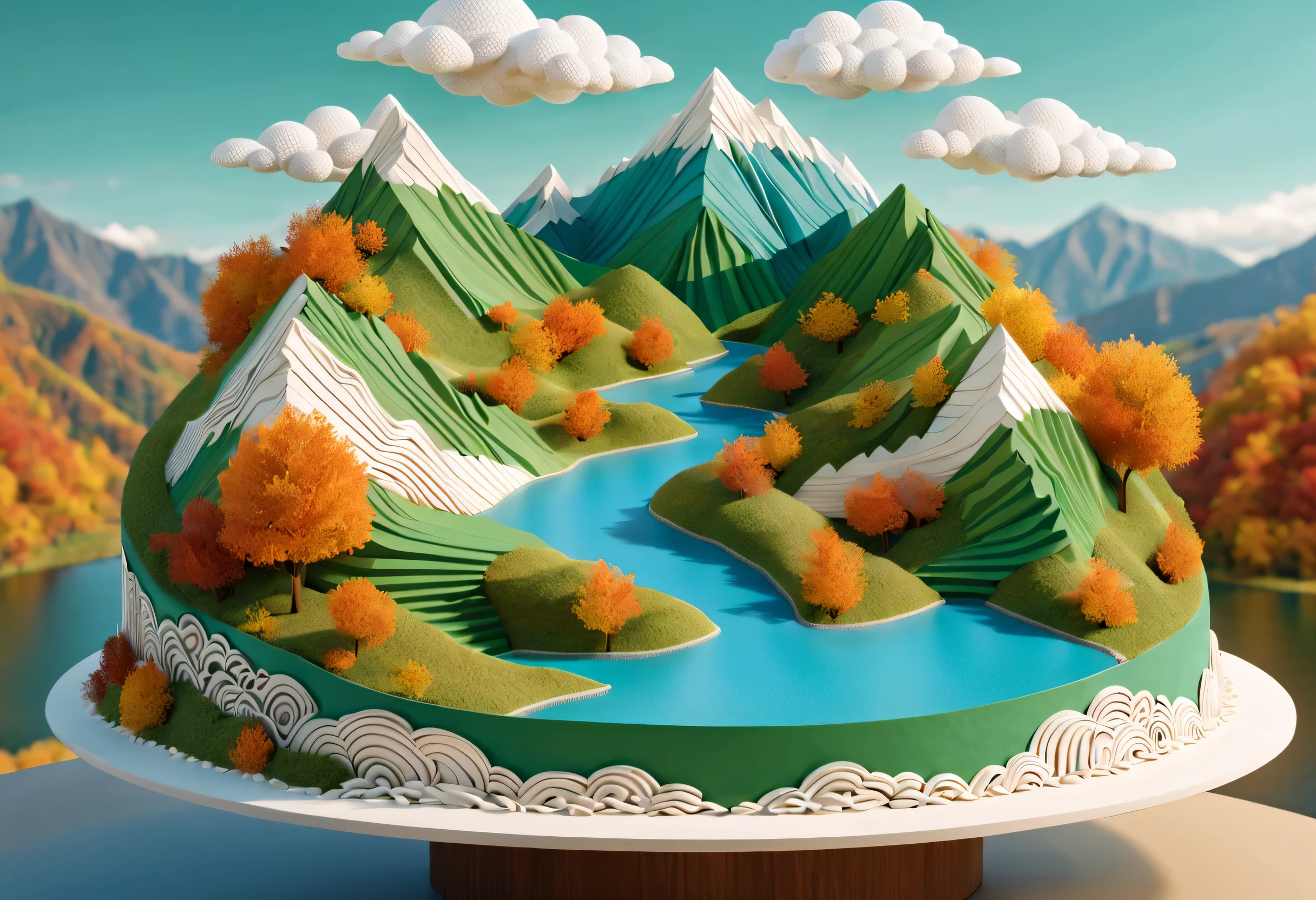 _cut,isometry,Sand table model,in fall,with blue sky and white clouds,Green Mountains and Green Water,terraced,bumper harvest,White background, art,a 3D render,extremely detaile, (zentangle:1.2), (geomerty:1.2),Cinematic lighting effects,4K,Masterpiece,offcial art