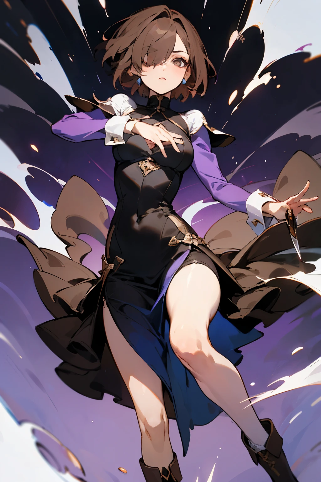 (best quality)), ((masterpiece)), (detailed), ILLUSTRATION purple abstract background color pallate,1girl,,1girl,
((((short brown hair which covers her right eye)))), ((ATTACK POSE)), (((CLOSSED BODY))), dangling earrings, sparkle eyes, serious expression
associated color is purple, (((full-length dress with purple long sleeves, the left dress covers almost her entire leg, THE RIGHT DRESS IS NOT COVERED HER TIGH ))), looser at the ends with ruffled cuffs, wear a stocking, have neckline dips most of the way down her chest and tucks into a brown leather bodice, cut low on the back, though not as extreme, split up the left side, revealing most of her leg, wears stockings with ruffled garters, which themselves seem to be specially modified to hold at least one dagger, and tall, dark brown, heeled boots,
subject hold dagger with the attack pose, and have another knife kept in her thigh