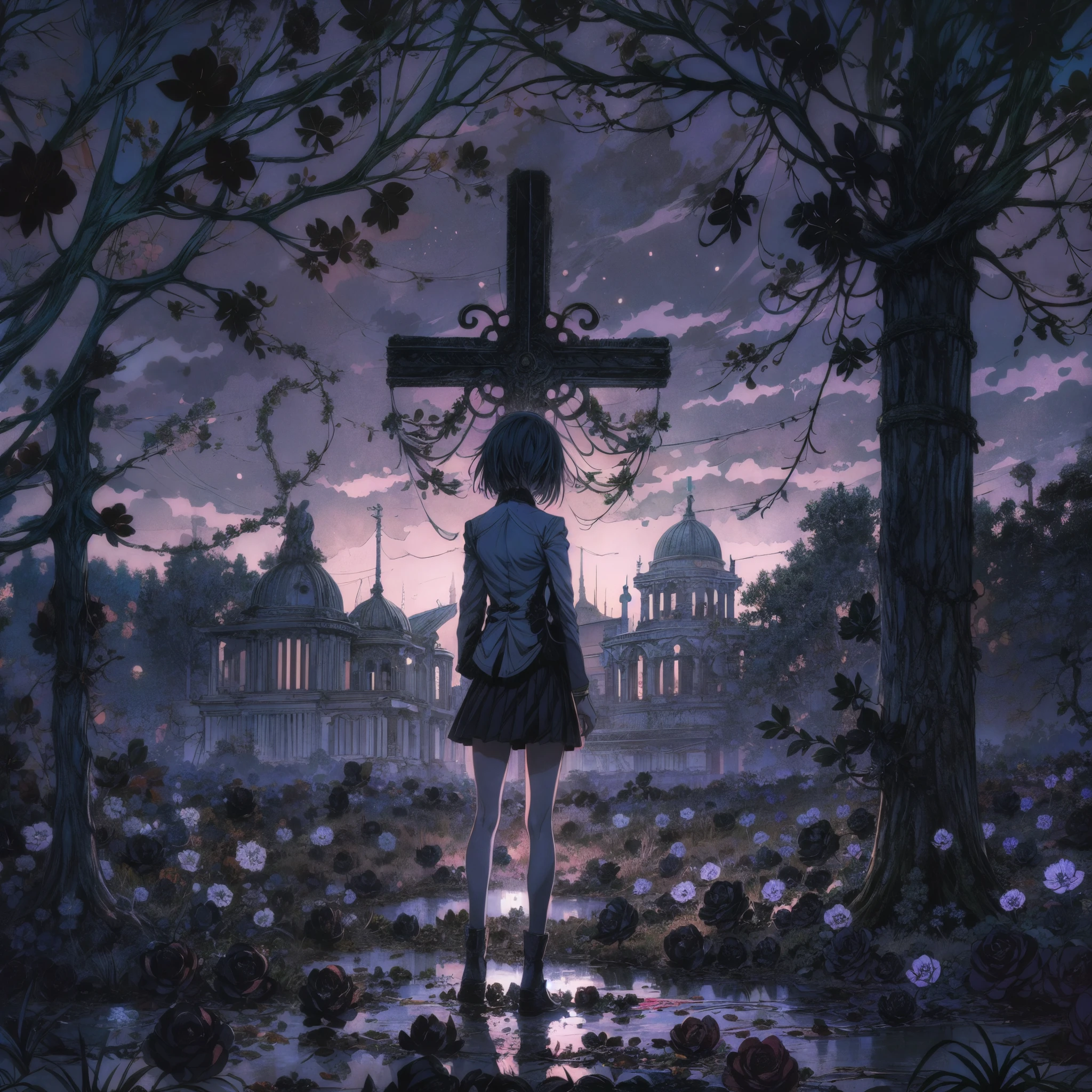 Create an image in the style of Kyle Thompson, featuring an anime-style girl character. She stands in an abandoned park filled with black roses, symbolizing death. The scene is illuminated by moonlight, which adds depth to the image. Use shallow focus to emphasize the girl and the immediate surroundings, while the background softly blurs. In the foreground, include the shadow of a cross, adding a dramatic and symbolic element to the scene. The contrast between the photorealistic Kyle Thompson style setting and the anime-style character should be striking, effectively synthesizing the differences in artistic mediums.