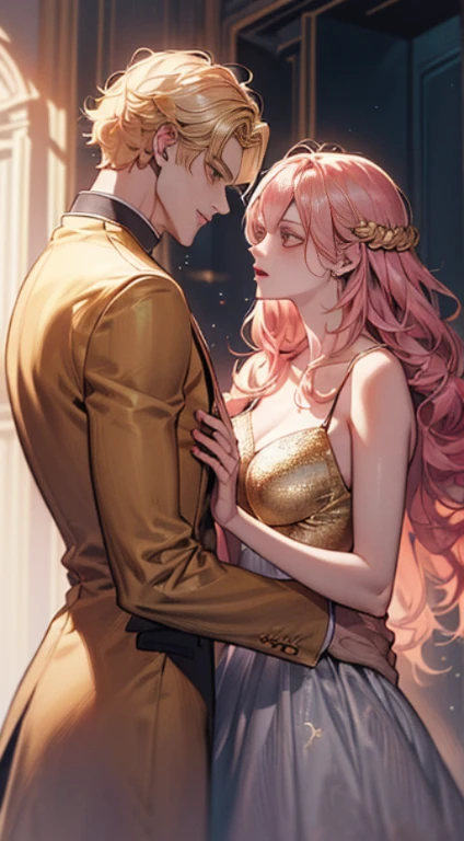 ke (((1male people:Piercing in the left ear,、((Golden hair))、tall、tall、Tall、a handsome、refreshing、burly)))、(((1female:Pink hair、Long、short、Best style、F-cup、See-through sexy dress、Beautuful Women)))、((((a couple))))、{(Best Quality, 8K, masutepiece, nffsw, Soft lighting, image perfect, Digital Illustration, manhwa art, super detailed image, Perfect lines, )}