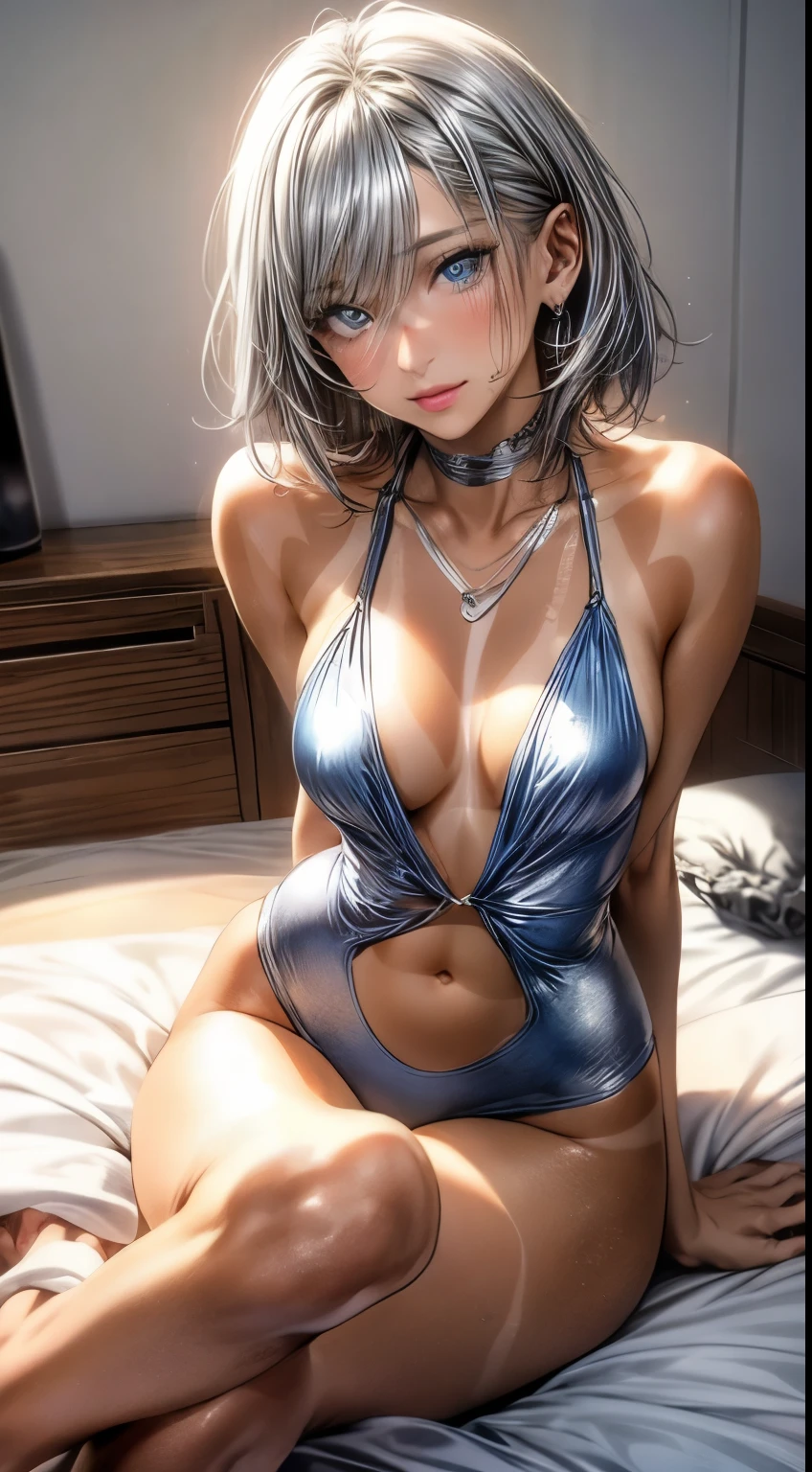 High resolution 8K, Bright light illumination, lens flare, sharpness, masterpiece, top-quality, The ultra - high-definition, high resolution, extremely details CG, Anime style, Film Portrait Photography, 1woman, sexy, solo, sparkling, (tan skin:1.6), (tanlines:1.4), ((Spread legs)), Beautiful Women, full body, (((Blue eyes, Straight hair, Silver hair, Medium hair))), Silver swimsuit, high leg swimsuit, slingshot swimsuit, cleavage, navel, Woman in the Bedroom, Lying on bed, (Natural skin texture Vibrant details, hyper realistic)