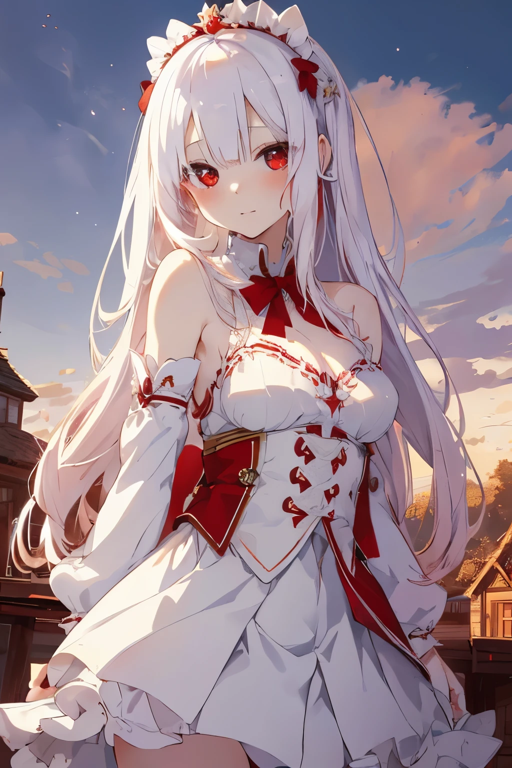 beautiful illustration, best quality, cute it girl, (transform sequence), transform magical girl, chibi, white magical girl, fractal art, albino, babyface, long pure white and red mesh hair, beautiful detailed red eyes, cinematic lighting, cowboy shot, looking at viewer, from bottom, happy, breasts bigger than head