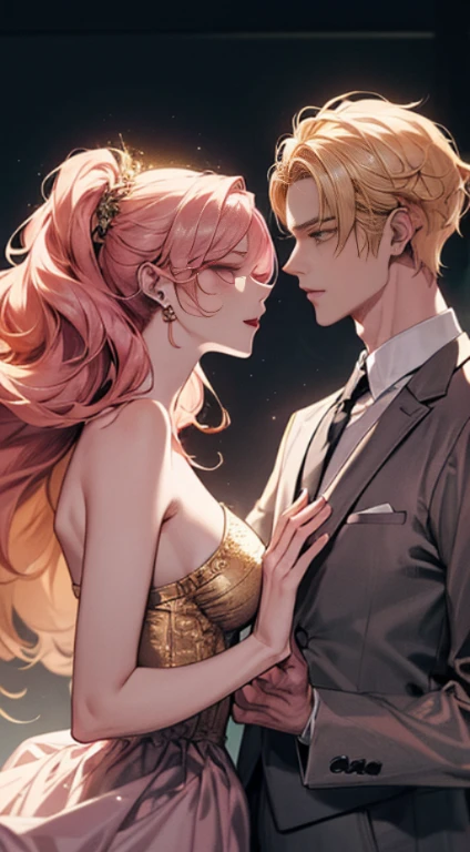 (((1male people：Piercing in the left ear,、((Golden hair))、tall、tall、Tall、a handsome、refreshing、burly)))、(((1female：Pink hair、Long、short、Best style、F-cup、See-through sexy dress、Beautuful Women)))、((((a couple))))、{(Best Quality, 8K, masutepiece, nffsw, Soft lighting, image perfect, Digital Illustration, manhwa art, super detailed image, Perfect lines, )}