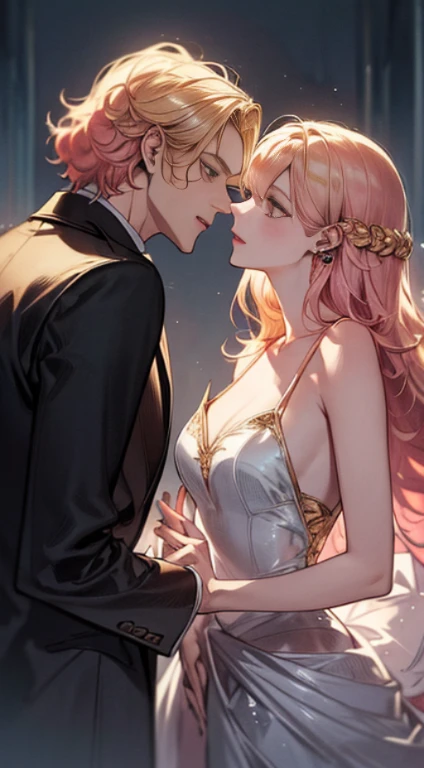 (((1male people：Piercing in the left ear,、((Golden hair))、tall、tall、Tall、a handsome、refreshing、burly)))、(((1female：Pink hair、Long、short、Best style、F-cup、See-through sexy dress、Beautuful Women)))、((((a couple))))、{(Best Quality, 8K, masutepiece, nffsw, Soft lighting, image perfect, Digital Illustration, manhwa art, super detailed image, Perfect lines, )}