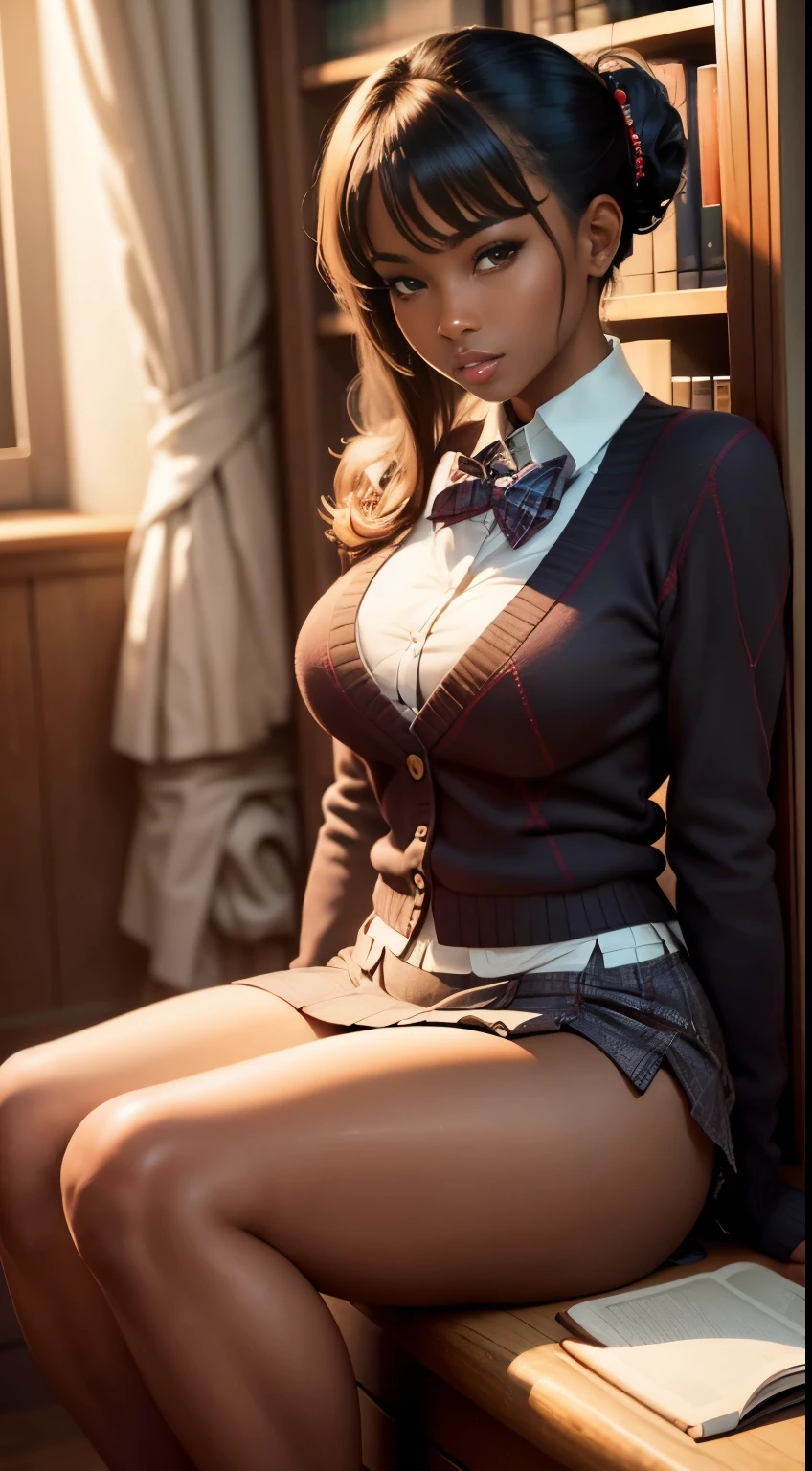 Beautiful woman, tanned skin, pacific islander, sitting on a desk, office clothes, long-sleeve, red sweater vest, (black plaid skirt), (lace panties), (knee high socks), (bowtie), boots, cleavage, large breasts, messy bun, blonde hair, (blushing), office, setting sun, large windows, top floor, Hyperrealism, depth of field, cinematic lighting, UHD, masterpiece, high details, high quality, highres, 16k, sexy pose, seductive pose