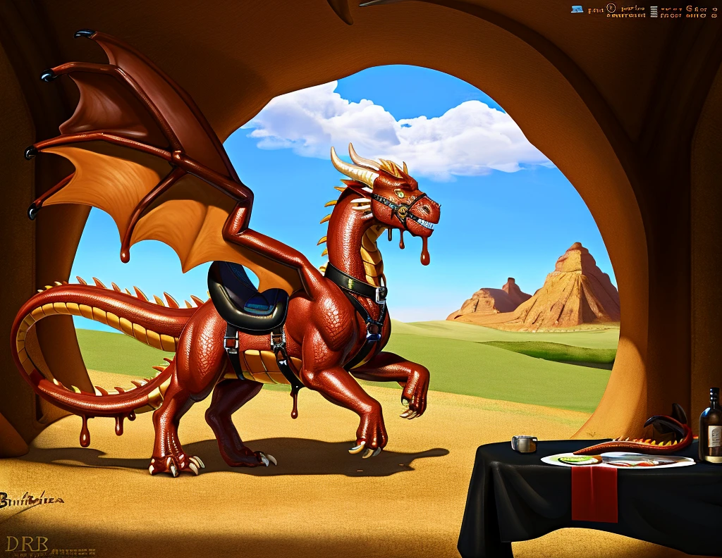 Hd, photorealistic, masterpiece, fantasy, young man struggling to remove the latex rubber goo ooze spreading over his body, morphing into crimson yellow rubber dragon mount, wearing riding saddle, bridle, harness, and plate barding, human latex rubber dragon mount hybridization, inside cavern stable for dragons