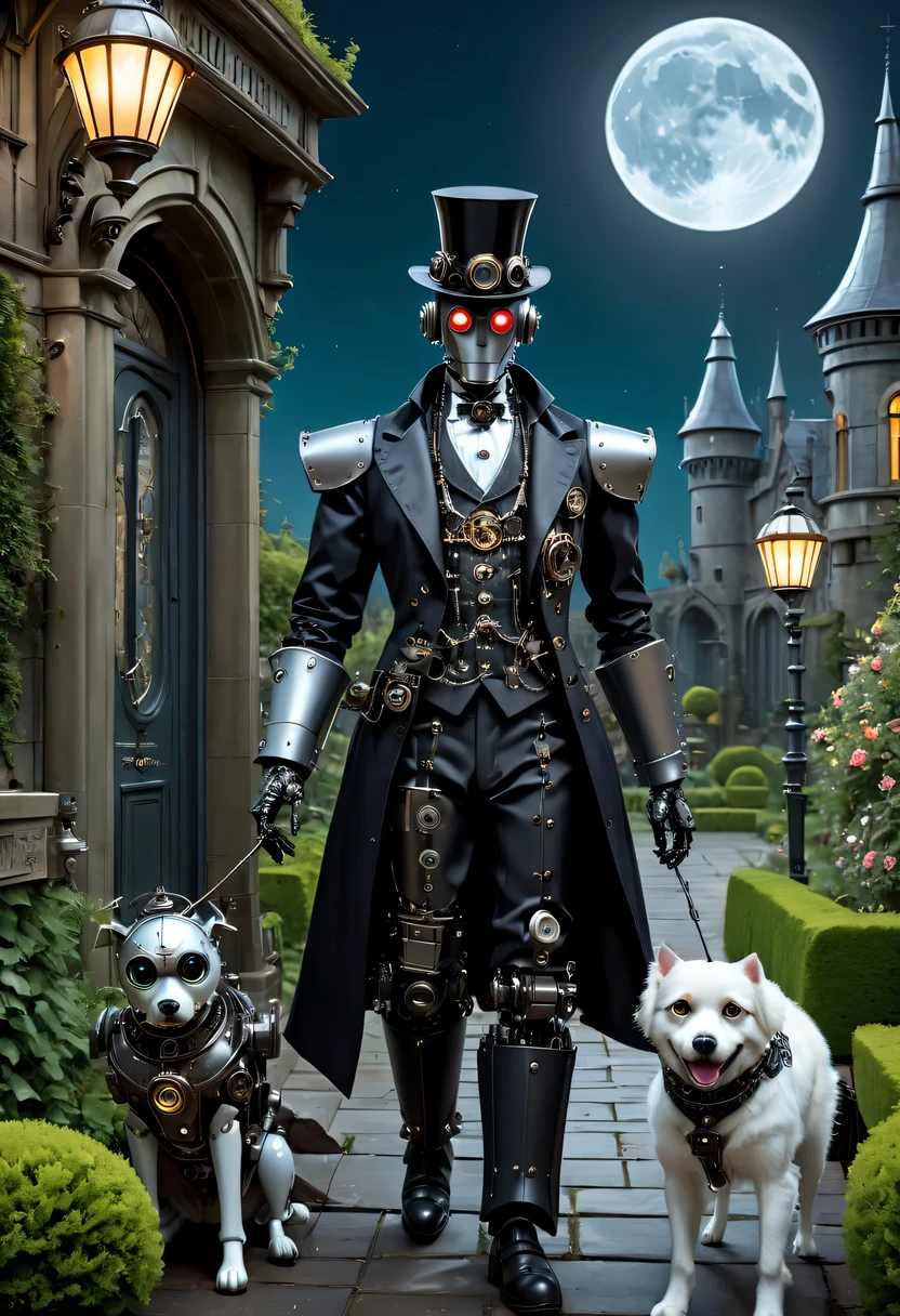 Full moon night，Robot butler at the entrance to the vampire castle garden，Detailed mechanical parts, Butler outfit, Cybernetic eyes，Victorian style, steampunc,  Mechanical joint，detailed detail, ambientlighting，Walking the dog