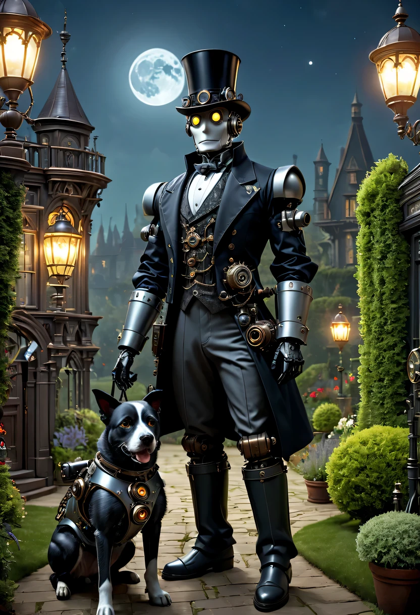 Full moon night,Robot butler at the entrance to the vampire castle garden,Detailed mechanical parts, Butler outfit, Victorian style, steampunc, detailed detail, ambientlighting,Walking the dog