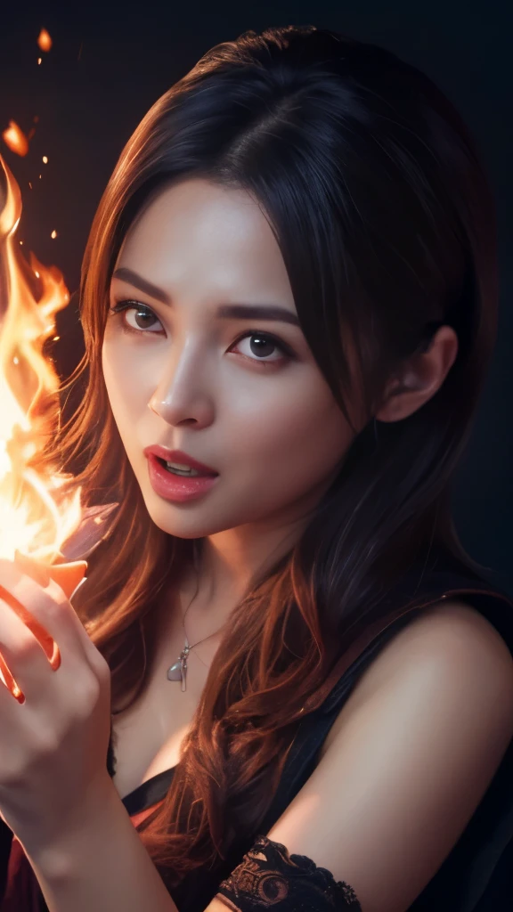 a close up of a woman with a long hair blowing in the wind, woman made of black flames, her body made of flames, amazing digital art, hair made of fire, flames surround her, alena aemani digital art, intricate overlay flames imagery, smoke effects, fire and smoke, stunning digital art, digital art picture, airbrush digital art,mono tone, side viewer, big breasts , nude
