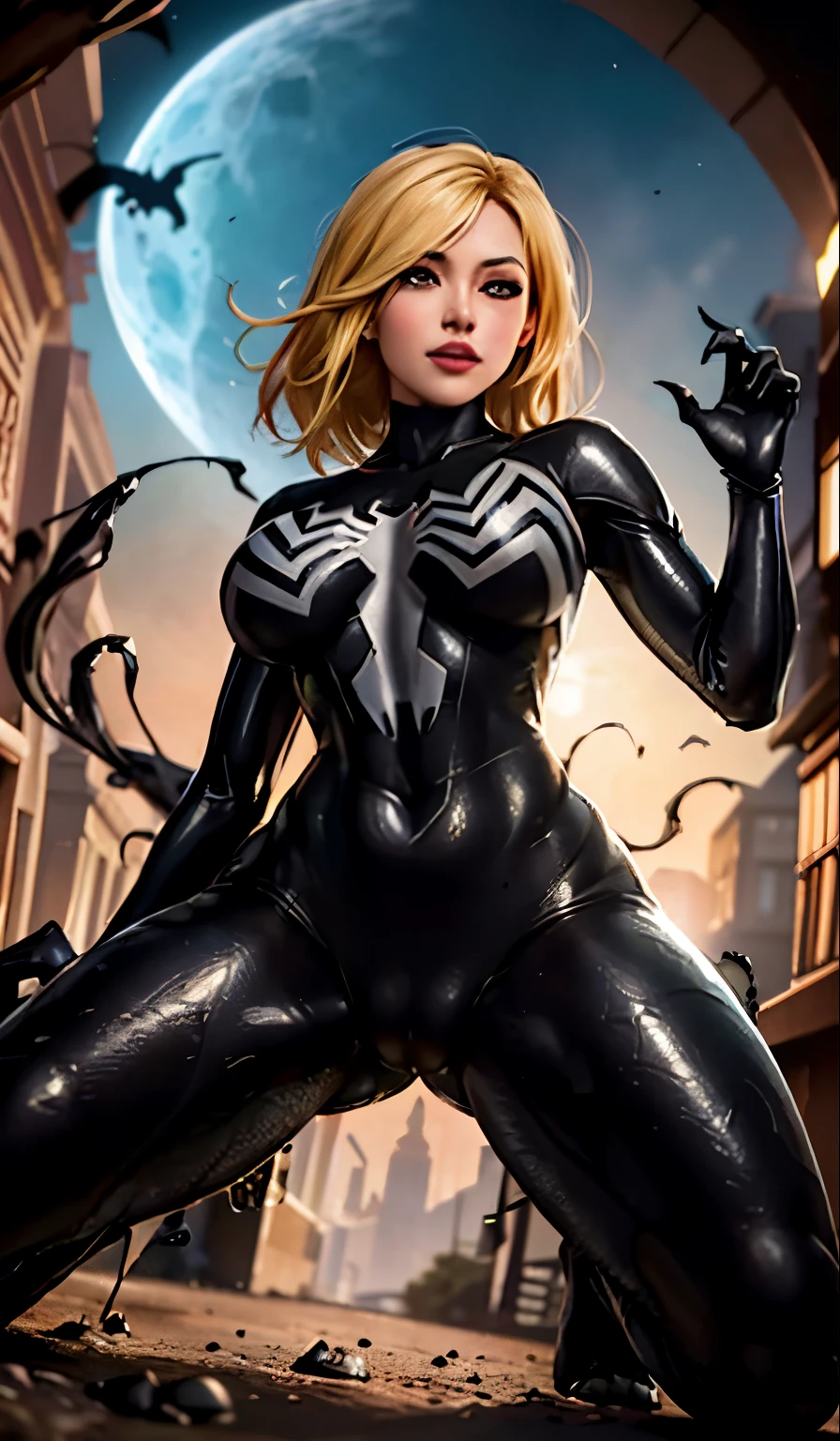 4K,realisticlying,Glamorous,The very detailed,There a girl in Dingcheng,Blonde hair,Wearing a black Spider-Man costume,(Black and white:1.4) the night,symbiote,venomize,a large amount of mucus,she a spiderman,Black superhero theme,In front of the sky,Flushed complexion,( Open legs, camel-toe,, Vulvar shape:1.3),(GGCameltoe:1.3)Legs apart,25 age old,full bodyesbian