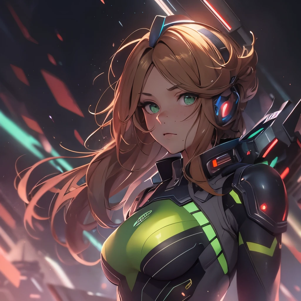 (masterpiece:1.2),(best quality:1.2),(masterpiece, best quality, ultra-high resolution), (1girl), Short, messy brown hair, intense green eyes with a certain glow, slightly tanned skin, athletic and agile figure, tight-fitting technological suit of advanced material in black and blue tones, with luminous panels and visible circuits, futuristic helmet with digital visor.