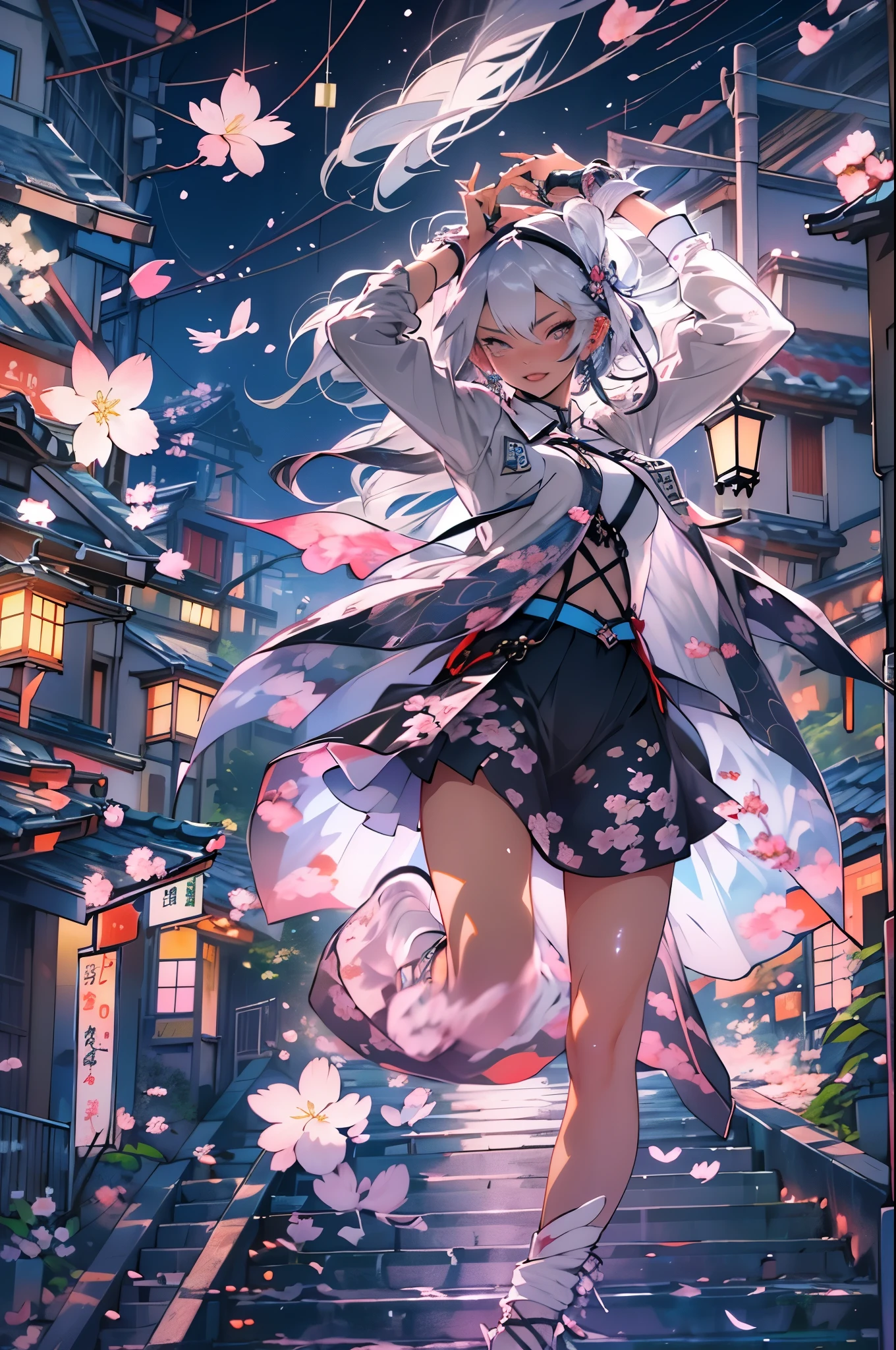 1girl, Short hair, ((starry sky)), (Kyoto cityscape), (((Sakura dancing))), (dynamic angle), ((floating hair)), (dynamic angle), ((((cherry blossom petals are falling)))), (((Senbonzakura))), (((night))), (((shooting star in sky))), (((Lustrous skin:1.5,bright skin: 1.5,skin tanned,Shiny skin,very Shiny skin,Shiny body: 1.5,plastic glitter skin,exaggerated Shiny skin))), Detailed background:1.25), (Best Quality),(High resolution),(Sharp Focus),(ultra-detailliert),(Extremely detailed),(Very high quality artwork),8K_Wallpaper,(Extremely detailed CG 8K),(非常に細かい8K CG),((hyper super ultra-detailliert perfect piece)),flawless,(((masutepiece))),Illustration,Vibrant colors,(Convoluted),High contrast,Selective lighting,double exposure,nffsw (High dynamic range),Post-processing, ((extremely sexy and beautiful white hair )), ((delicate detailed fingers,Detailed body,detailed arms,Human Hands,Detailed hand)), (Dynamic Pose:1.4), ((City of night)), ((((dancing with cherry blossoms)))), ((city ​​lights)), (arafed view of a village with a lot of lights on the buildings), (Kyoto),