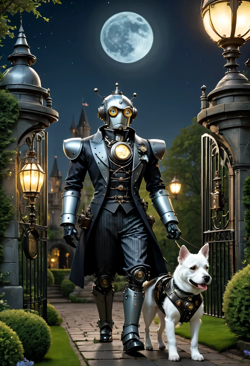 Full moon night，Robot butler at the gate of the castle garden，Detailed mechanical parts, Butler outfit, Victorian style, steampunc,  detailed detail, ambientlighting，Walking the dog