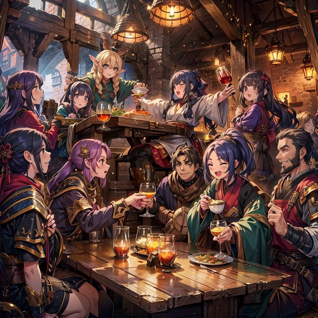 A group of adventurers enjoying a well-deserved break in a bustling tavern, each character with unique features and personalities. BREAK, Fantasy, high-resolution, detailed, diverse, BREAK, Warm, candlelit atmosphere with flickering firelight, BREAK, Rich and vibrant, with contrasting colors to highlight individual characters, BERAK, Lively, jovial, camaraderie,  <lora:Festive_Bokeh_Anime:0.3>